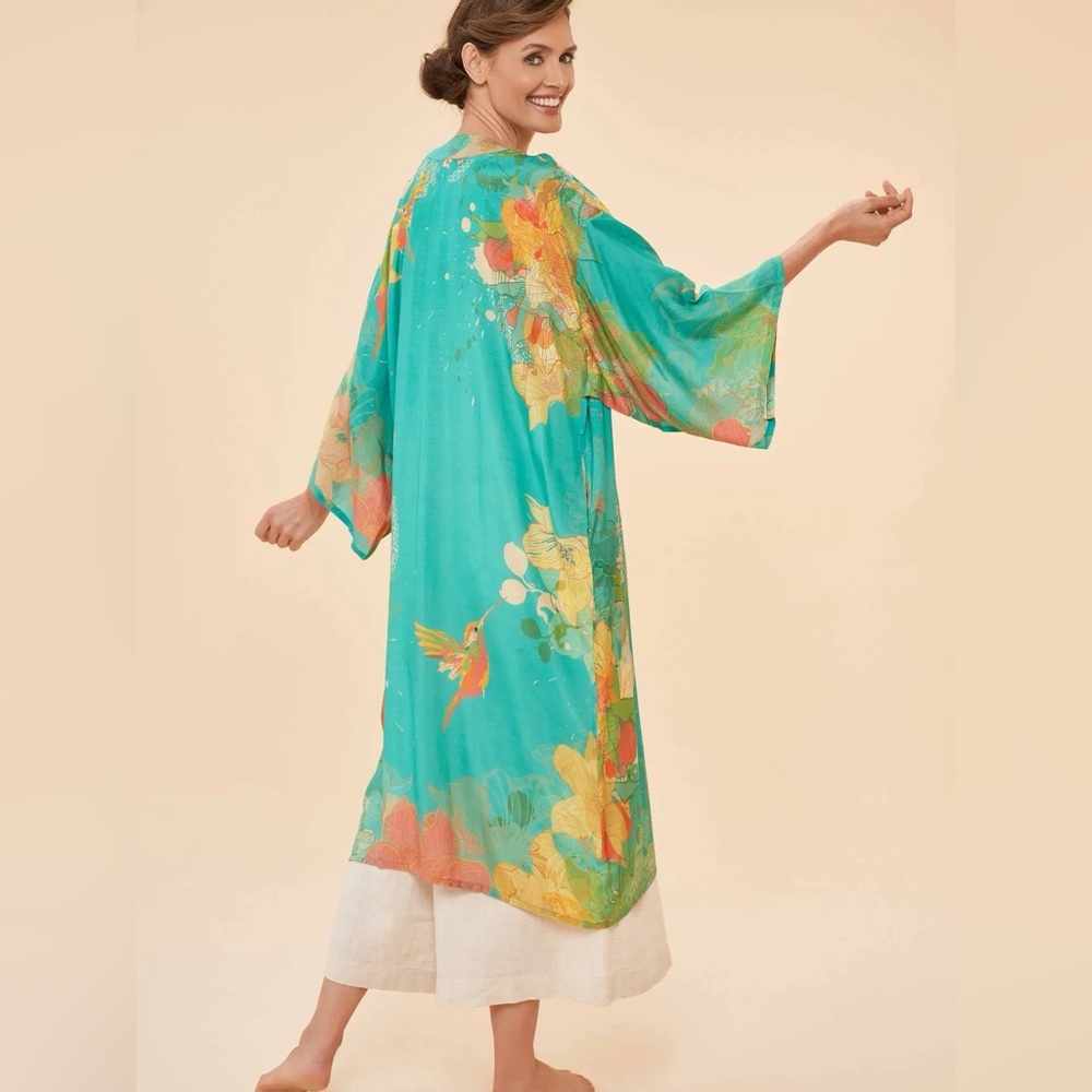 Powder UK Floral Hummingbird kimono in aqua w/side seam pockets & self-belt-NWT